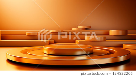 Empty podium pedestal, golden background stand for product, goods. Shelf with product advertising - AI generated image 124522205