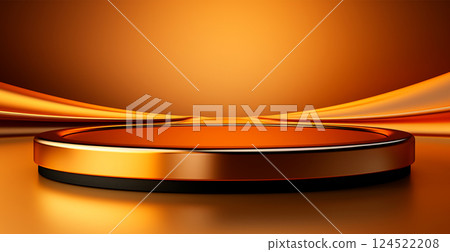 Empty podium pedestal, golden background stand for product, goods. Shelf with product advertising - AI generated image 124522208