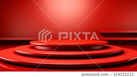 Empty podium pedestal, red background stand for product, goods. Shelf with product advertising - AI generated image 124522212