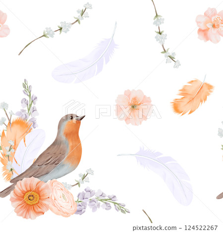 Watercolor Seamless Pattern of Bird, Feathers and Spring Flowers. Blossoming ranunculus, Iceland poppies, peach, cherry and freesia branches. Hand drawn Illustration for fabric or textile prints, gift 124522267