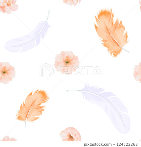 Watercolor Seamless Pattern from Feathers and Peach, Cherry or Sakura Flowers in Pastel Colors. Hand drawn illustration for fabric, textile and packaging prints. 124522268