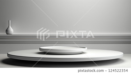 Empty podium pedestal, white background stand for product, goods. Shelf with product advertising - AI generated image 124522354