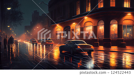 City night panoramic bokeh landscape, blurred illustration, cityscape at dusk - AI generated image 124522443