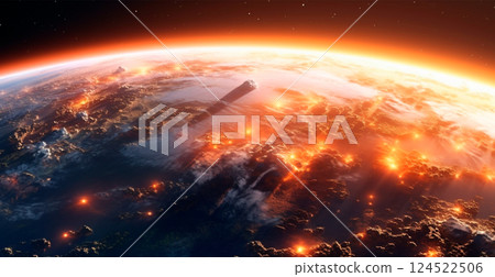 Panoramic view of the globe of planet Earth from space. Glowing bright sun - AI generated image Panoramic view of the globe of planet Earth from space. Glowing bright sun - AI generated image 124522506