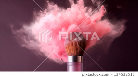 Makeup brush with pink powder explosion - AI generated image 124522515