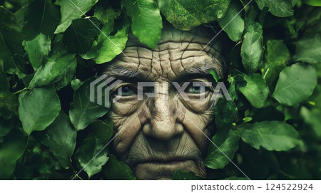 Man is in a green bush. He is looking at the camera 124522924