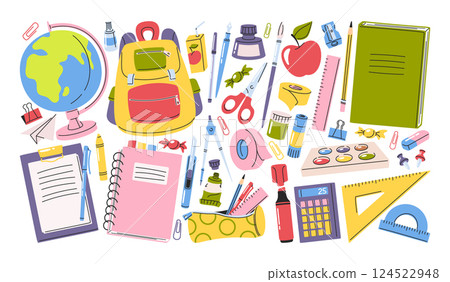 School accessories, education workplace supplies and knowledge items doodle hand drawn set School accessories, education workplace supplies and knowledge items doodle hand drawn set 124522948