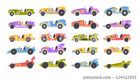 Cute racing cars colorful high-speed driving automobiles childish hand drawn set isolated on white Cute racing cars colorful high-speed driving automobiles childish hand drawn set isolated on white 124522951
