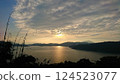 Sun Moon Lake, Nantou, Taiwan - 24.12.2017: Sunset at Sun Moon Lake with sun rays penetrating the clouds onto the lake surrounded by mountains in the winter 124523077
