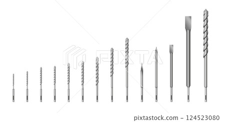 Drill for rock-drill Realistic 3d Detailed Metallic Drill for rock-drill or perforator Bits Set Tools for Construction Work, Drilling Hole. Vector Drill for rock-drill Realistic 3d Detailed Metallic Drill for rock-drill or perforator Bits Set Tools for Construction Work, Drilling Hole. Vector 124523080