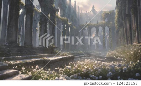 古老建築廢墟中盛開的白花 124523155