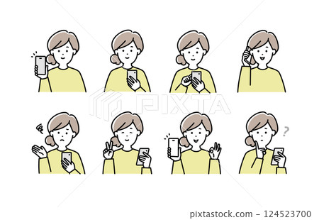 Illustration set of a young woman operating a smartphone Illustration set of a young woman operating a smartphone 124523700