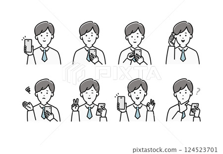 Illustration set of a young man operating a smartphone Illustration set of a young man operating a smartphone 124523701