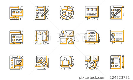Survey icons set in outline stroke design for web. Pack line pictograms with online examining, checklist, opinion, emotional feedback, application, customer satisfaction, other. Vector illustration. Survey icons set in outline stroke design for web. Pack line pictograms with online examining, checklist, opinion, emotional feedback, application, customer satisfaction, other. Vector illustration. 124523721