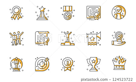 Success icons set in outline stroke design for web. Pack line pictograms with medal badge, trophy award, certificate diploma, celebration, teamwork winning, winner, prize, other. Vector illustration. Success icons set in outline stroke design for web. Pack line pictograms with medal badge, trophy award, certificate diploma, celebration, teamwork winning, winner, prize, other. Vector illustration. 124523722