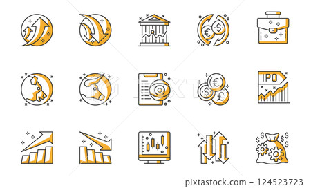 Stock quotes icons set in outline stroke design for web. Pack line pictograms with increase, decrease, exchange currency, investment portfolio, bear, bull, watch list, other. Vector illustration. Stock quotes icons set in outline stroke design for web. Pack line pictograms with increase, decrease, exchange currency, investment portfolio, bear, bull, watch list, other. Vector illustration. 124523723
