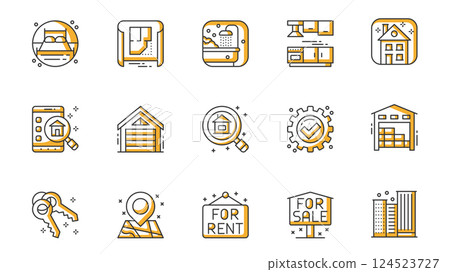 Real estate icons set in outline stroke design for web. Pack line pictograms with bedroom, blueprint, bathroom, kitchen, home, house search, garage, research market, key, other. Vector illustration. 124523727