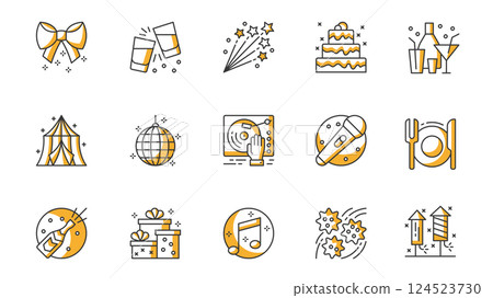 Party icons set in outline stroke design for web. Pack line pictograms with cheer glasses, fireworks, birthday cake, cocktails, disco ball, dj music, karaoke, restaurant, other. Vector illustration. Party icons set in outline stroke design for web. Pack line pictograms with cheer glasses, fireworks, birthday cake, cocktails, disco ball, dj music, karaoke, restaurant, other. Vector illustration. 124523730