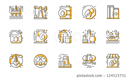 Oil industry icons set in outline stroke design for web. Pack line pictograms with platform, barrel, fuel storage, canister, gas station, chemical analysis, power plant, other. Vector illustration. Oil industry icons set in outline stroke design for web. Pack line pictograms with platform, barrel, fuel storage, canister, gas station, chemical analysis, power plant, other. Vector illustration. 124523731