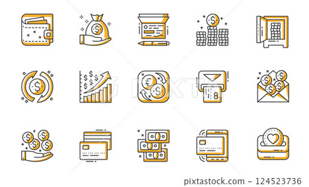 Money icons set in outline stroke design for web. Pack line pictograms with wallet, cash, bank safe, exchange, increase, data chart, currency, credit card in atm, payment, other. Vector illustration. 124523736