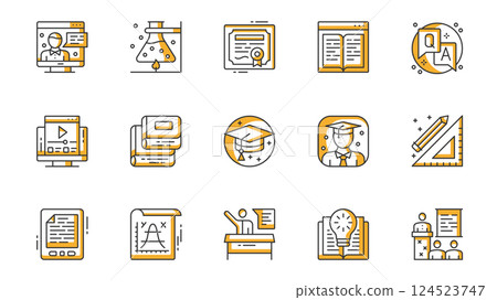 Education icons set in outline stroke design for web. Pack line pictograms with online lesson, science, chemistry, book reading, question and answer, homework, graduation, other. Vector illustration. Education icons set in outline stroke design for web. Pack line pictograms with online lesson, science, chemistry, book reading, question and answer, homework, graduation, other. Vector illustration. 124523747