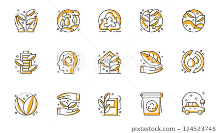 Ecology icons set in outline stroke design for web. Pack line pictograms with hands save plant, forest, nature, recycling, globe, battery charge, awareness, smart home, other. Vector illustration. Ecology icons set in outline stroke design for web. Pack line pictograms with hands save plant, forest, nature, recycling, globe, battery charge, awareness, smart home, other. Vector illustration. 124523748