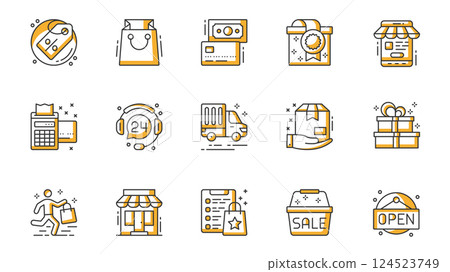 E-commerce icons set in outline stroke design for web. Pack line pictograms with discount, price tag, shopping bag, money, credit card, gift, payment, customer support, other. Vector illustration. E-commerce icons set in outline stroke design for web. Pack line pictograms with discount, price tag, shopping bag, money, credit card, gift, payment, customer support, other. Vector illustration. 124523749