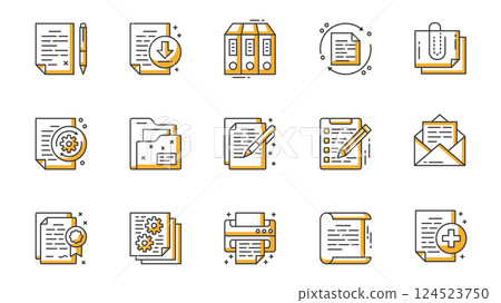 Document icons set in outline stroke design for web. Pack line pictograms with page, pen, downloading, folder, sync, clip, writing, checklist, email, certificate, printer, other. Vector illustration. 124523750