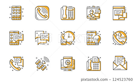 Communication icons set in outline stroke design for web. Pack line pictograms with application, phone call, video zoom, chat, message, speech bubble, customer support, other. Vector illustration. 124523760