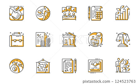 Business icons set in outline stroke design for web. Pack line pictograms with handshake negotiation, businessman, conference meeting, discussion, accounting, briefcase, other. Vector illustration. Business icons set in outline stroke design for web. Pack line pictograms with handshake negotiation, businessman, conference meeting, discussion, accounting, briefcase, other. Vector illustration. 124523763