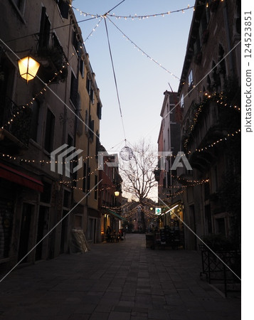 Street lights shining in the city at dusk 124523851