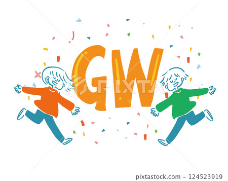 Pop illustration of a man and woman (people) and the words "Golden Week" 124523919