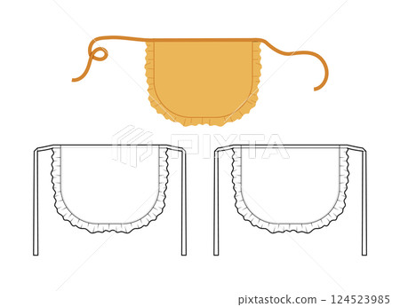Set of Maid Aprons with Ruffles Scalloped technical fashion illustration. Flirty Retro uniform ochre cartoon Flat sketch 124523985