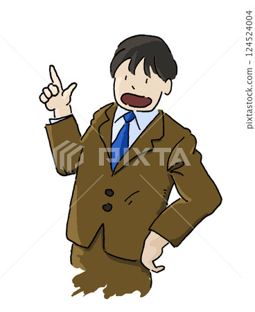Hand-drawn illustration of a male office worker with his left hand on his waist and his right hand pointing upwards Hand-drawn illustration of a male office worker with his left hand on his waist and his right hand pointing upwards 124524004
