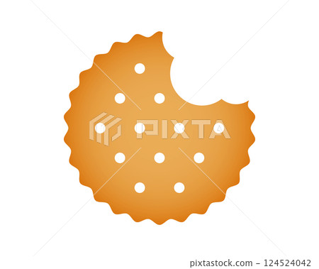 Round bitten cracker. Sweet or salty biscuit cookie in circle shape. Popular crunchy snack isolated on white background. Vector cartoon illustration Round bitten cracker. Sweet or salty biscuit cookie in circle shape. Popular crunchy snack isolated on white background. Vector cartoon illustration 124524042
