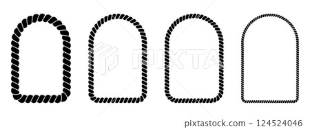 Set of arch rope frames. Cord or thread, twine or jute archway borders isolated on white background. Vignettes for pictures or mirrors in maritime or nautical theme. Vector graphic illustration Set of arch rope frames. Cord or thread, twine or jute archway borders isolated on white background. Vignettes for pictures or mirrors in maritime or nautical theme. Vector graphic illustration 124524046