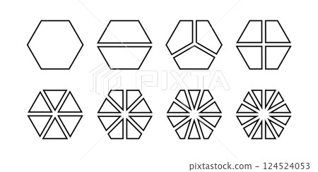 Hexagon shapes divided into slices from 2 to 12 isolated on white background. Geometric form with 6 borders cut in equal fractions. Simple diagrams, business charts. Vector graphic illustration Hexagon shapes divided into slices from 2 to 12 isolated on white background. Geometric form with 6 borders cut in equal fractions. Simple diagrams, business charts. Vector graphic illustration 124524053