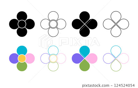 Set of flower silhouettes with 4 petals and core. Floral pie chart divided on four equal slices in leaf shapes isolated on white background. Diagram templates. Vector graphic illustration Set of flower silhouettes with 4 petals and core. Floral pie chart divided on four equal slices in leaf shapes isolated on white background. Diagram templates. Vector graphic illustration 124524054