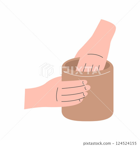 Hands sculpt clay pot. illustration on pottery. 124524155