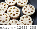Cooking scene of lotus root stuffed with meat. 124524238
