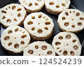 Cooking scene of lotus root stuffed with meat. 124524239