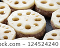 Cooking scene of lotus root stuffed with meat. 124524240