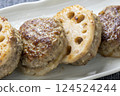 A close-up of lotus root stuffed with meat. 124524244