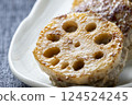 A close-up of lotus root stuffed with meat. 124524245
