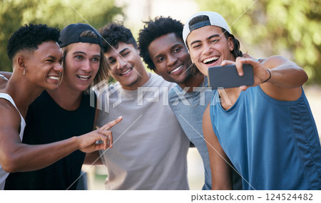 Fitness, friends and selfie in a city after workout, exercise and morning cardio by happy, smile and men outdoors. Man, phone and group posing for photo after training for health, wellness and fun 124524482