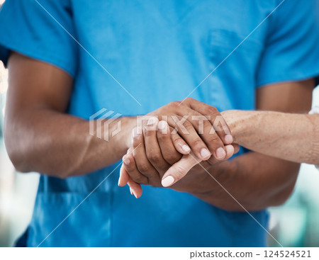 Hands, support and nurse helping patient in hospital, care and empathy for people. Healthcare, assistance and black man or doctor holding hands of senior person for comfort after cancer diagnosis. 124524521