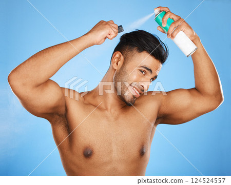 Hair, care and man with beauty spray, brush or comb for wellness routine, grooming treatment or haircut style. Natural hair care, hairspray cosmetics and aesthetic model with luxury salon product 124524557