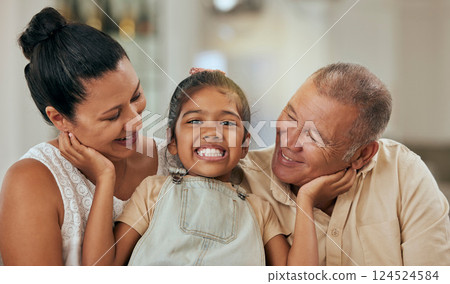 Child, grandparents and love of family with a smile, support and care in home living room together in Mexico. Portrait of girl kid, senior man and woman happy about quality time, hug and retirement Child, grandparents and love of family with a smile, support and care in home living room together in Mexico. Portrait of girl kid, senior man and woman happy about quality time, hug and retirement 124524584