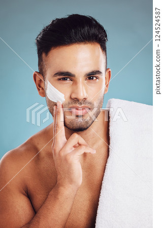 Man, beauty and skincare cream on face with product for facial cosmetic healthcare, self care and wellness routine. Moisturizing lotion, hydrating routine and organic spa creme for clean skin hygiene Man, beauty and skincare cream on face with product for facial cosmetic healthcare, self care and wellness routine. Moisturizing lotion, hydrating routine and organic spa creme for clean skin hygiene 124524587