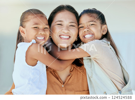 Happy family, mother and girls hug in portrait, bonding and .enjoying quality time together. Family, love and care of mom, woman and parent with kids, smiling and laughing, embrace and comic smile. Happy family, mother and girls hug in portrait, bonding and .enjoying quality time together. Family, love and care of mom, woman and parent with kids, smiling and laughing, embrace and comic smile. 124524588
